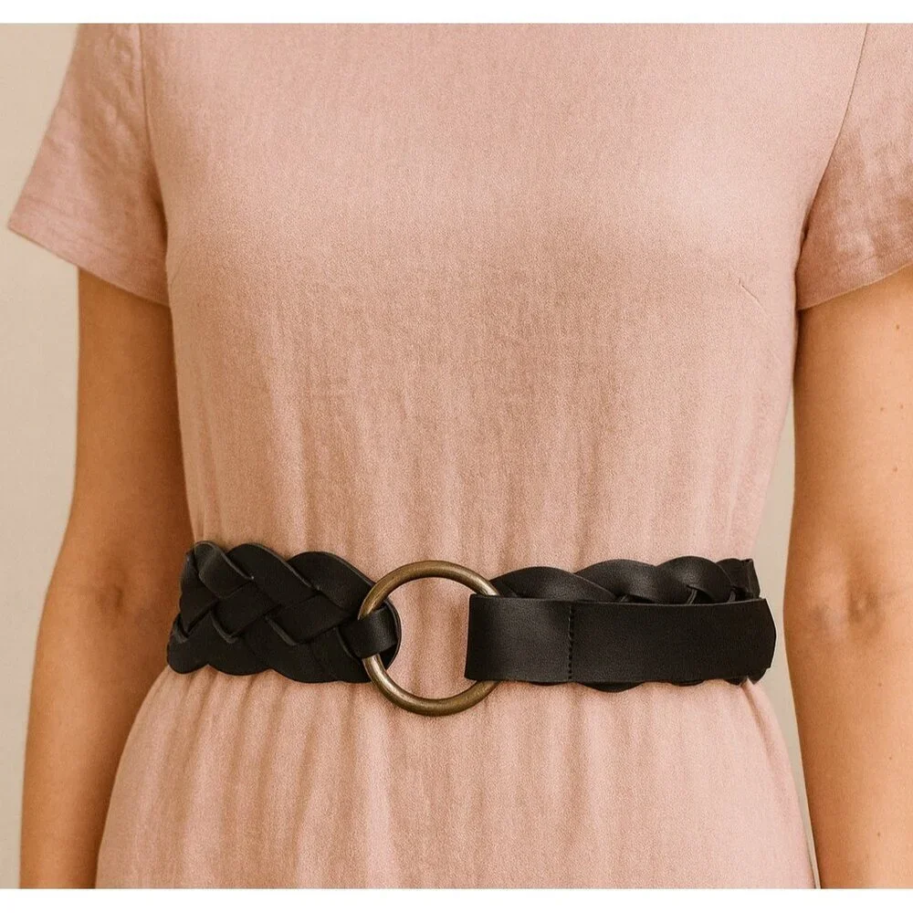 Esprit Women’s Black Buffalo Leather Braided Belt Size M Vintage Style Ring Buck